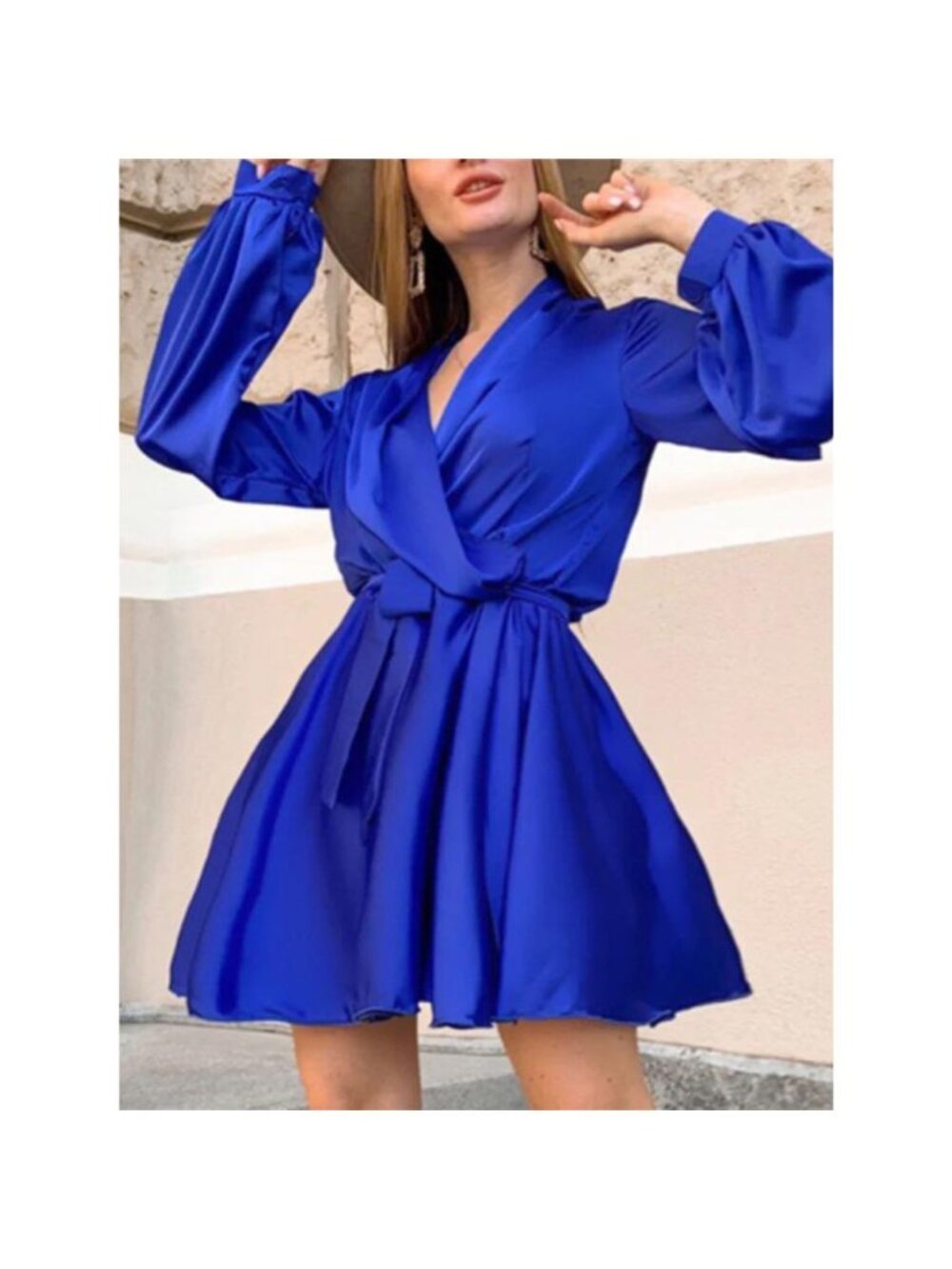 Satin Surplice Long Sleeve Mini Dress